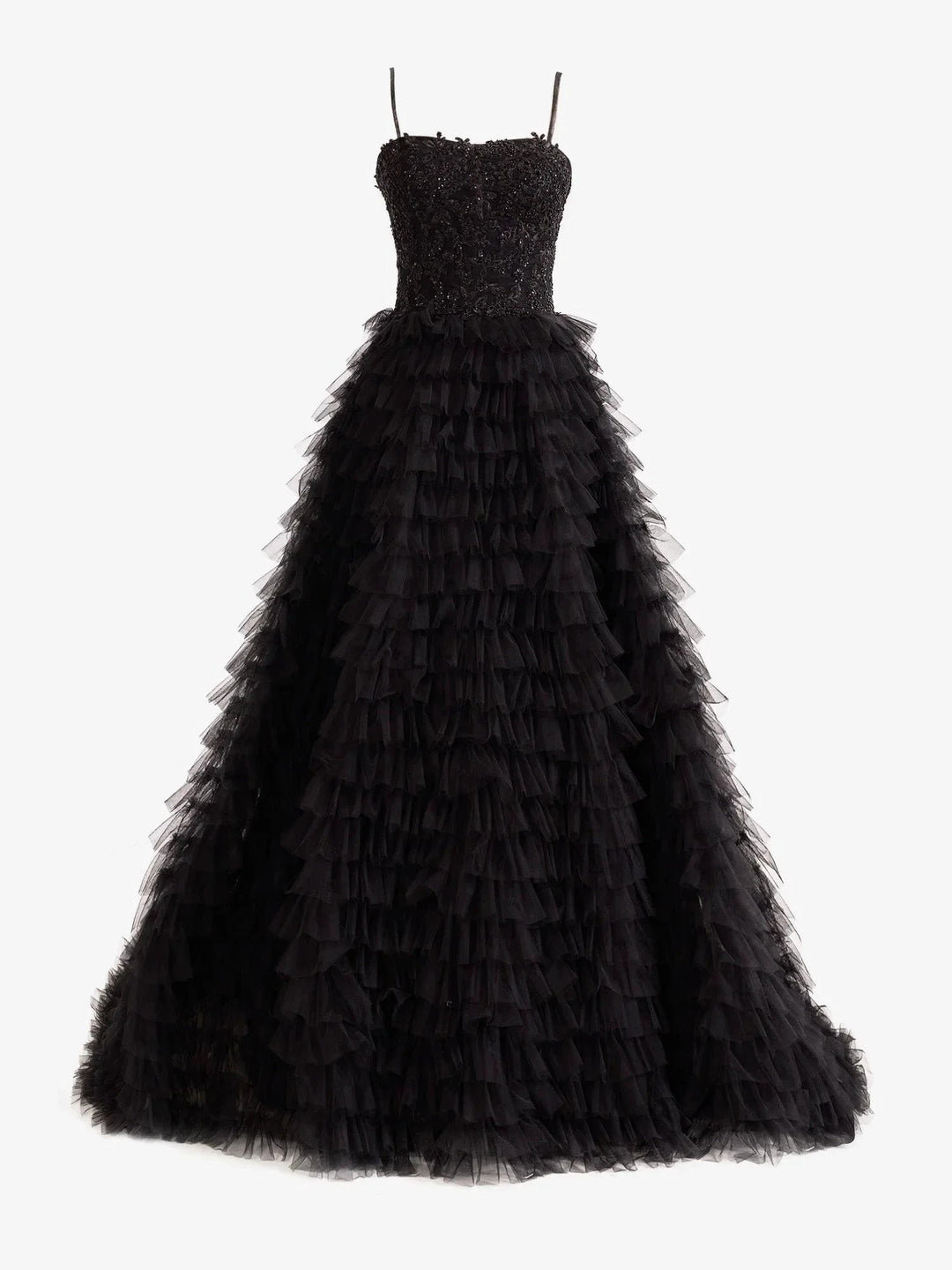 Jordan | Black A-Line Tiered Sequins Tulle Long Prom Dress by KissProm