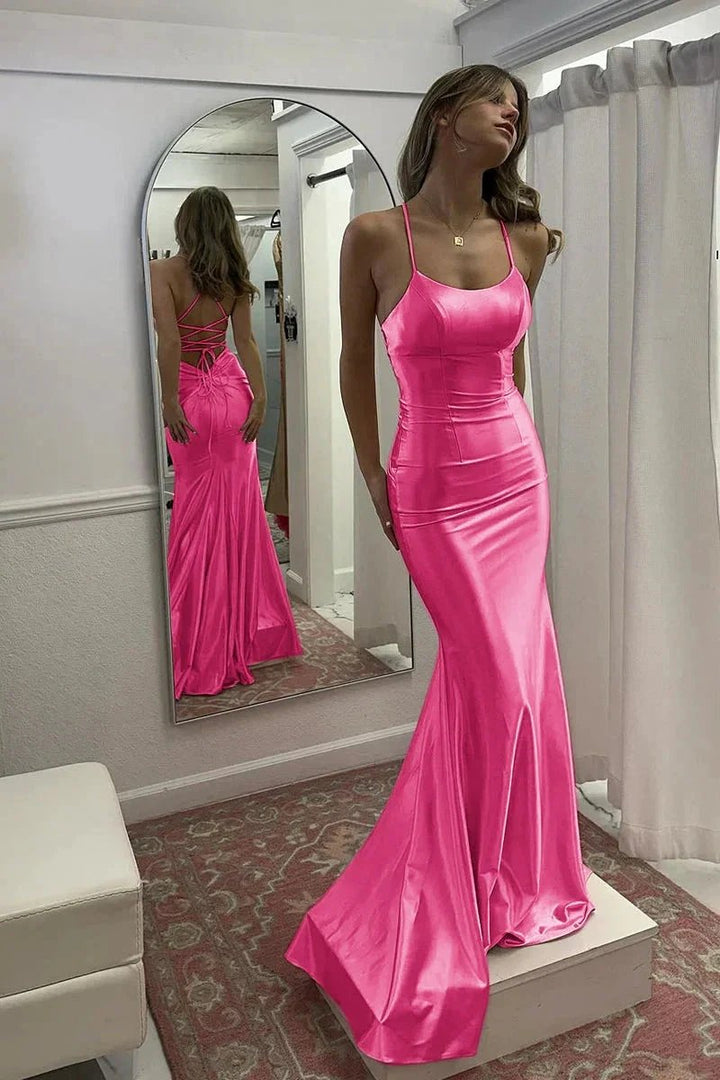 Kimia | Cute Mermaid Scoop Neck Pink Satin Long Prom Dress by KissProm