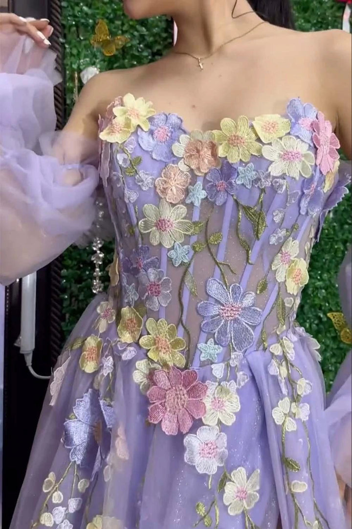 Kylena | Lavender A-Line Strapless Tulle Prom Dress with 3D Flowers by KissProm