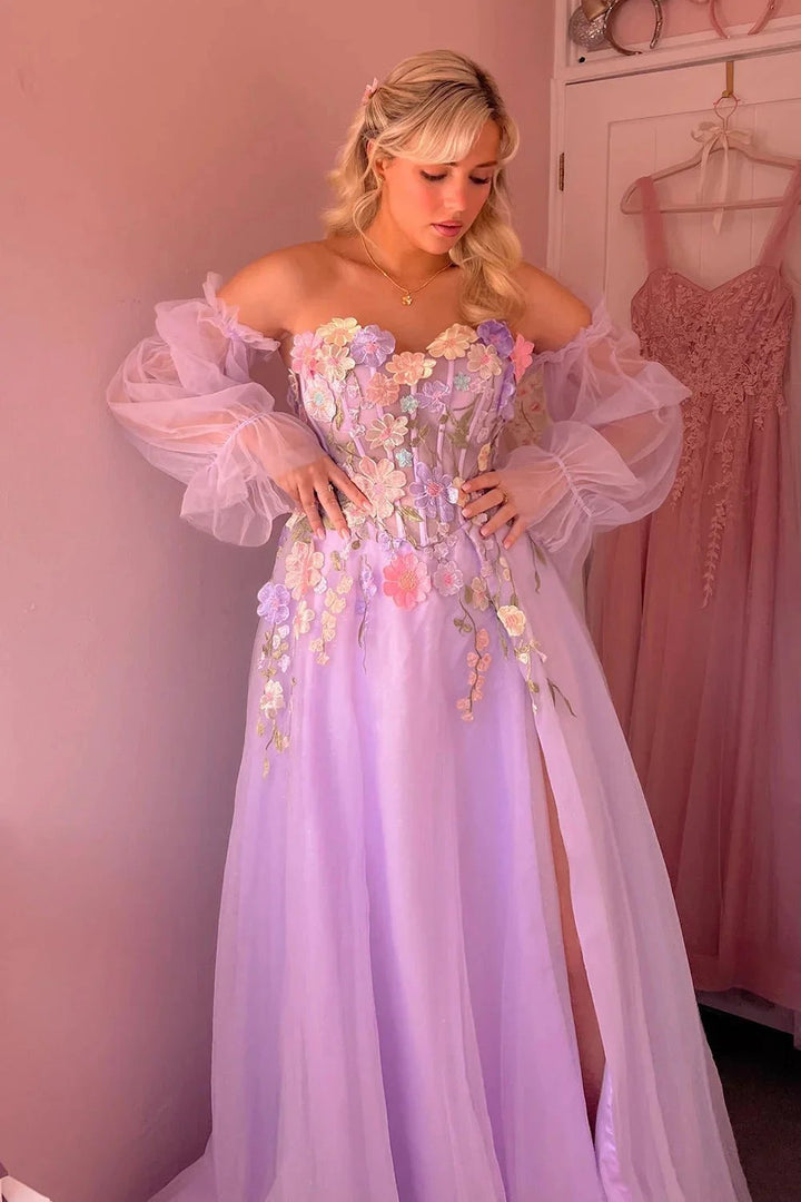 Kylena | Lavender A-Line Strapless Tulle Prom Dress with 3D Flowers by KissProm