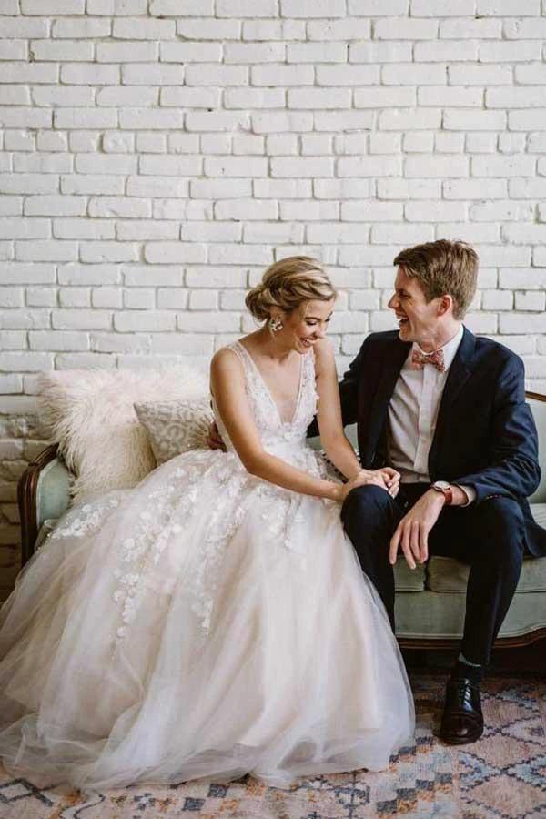 Lace Applique Ivory Wedding Dresses V Neck Beach Wedding Dress WD292 by pgmdress