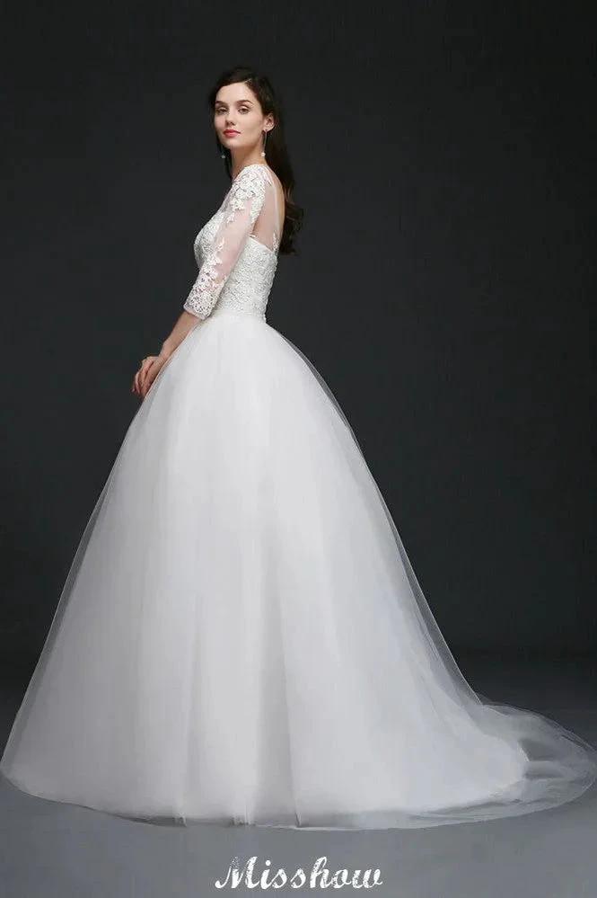 Lace Appliques Ball Gown Scoop Tulle Wedding Dress by misshow.com