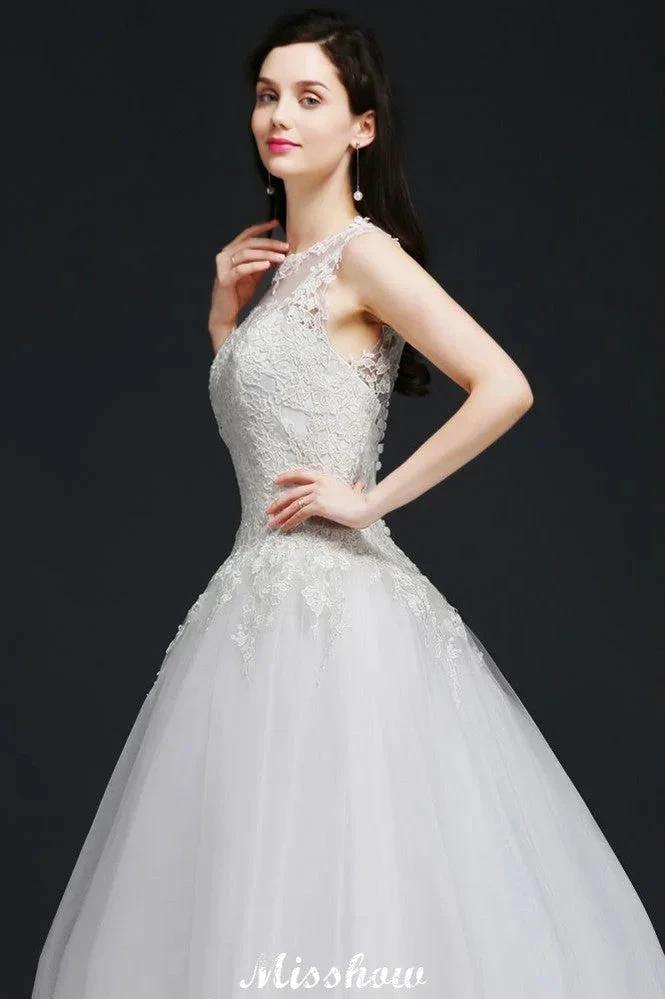 Lace Appliques Scoop Tulle Wedding Dress by misshow.com
