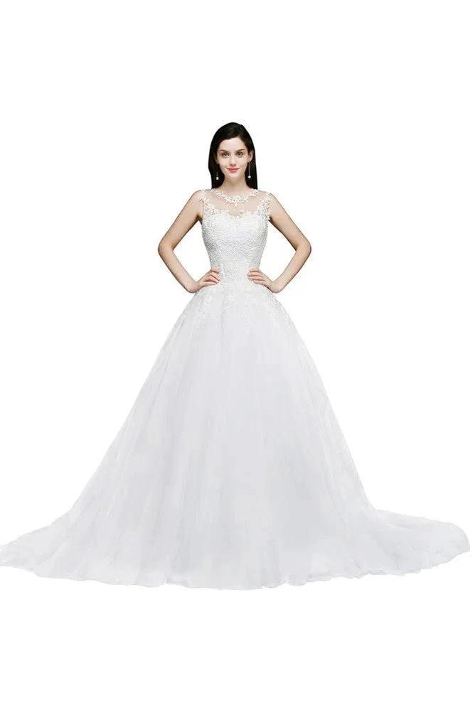 Lace Appliques Scoop Tulle Wedding Dress by misshow.com