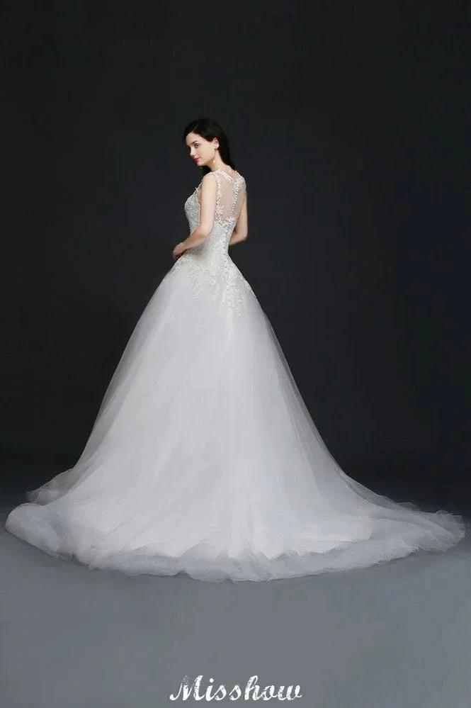 Lace Appliques Scoop Tulle Wedding Dress by misshow.com