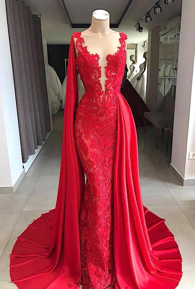 Lace Long Evening Dresses | Sleeveless Red Prom Dresses with Cape by misshow.com