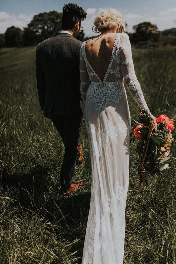 Lace Long Sleeve Backless Boho Wedding Gowns Rustic Wedding Dress WD515 by pgmdress