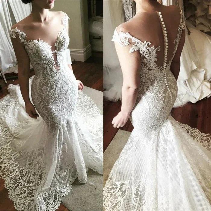 Lace Mermaid Wedding Dress Glamorous Sheer Tulle Bridal Wears with Buttons by misshow.com