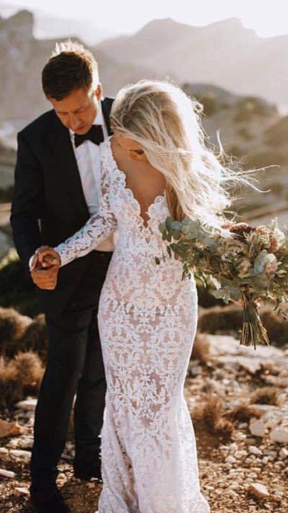 Lace Rustic Wedding Dresses Long Sleeve Mermaid Wedding Dress WD284 by pgmdress