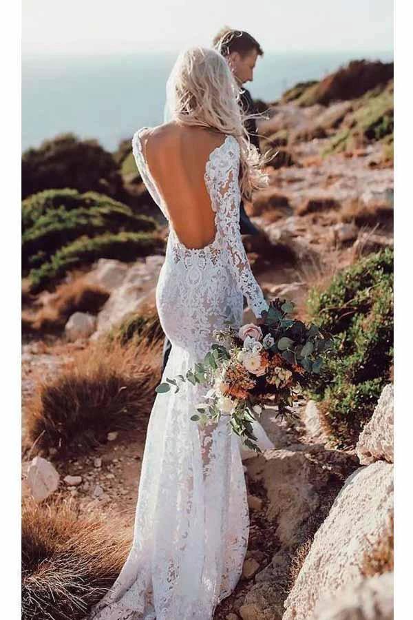 Lace Rustic Wedding Dresses Long Sleeve Mermaid Wedding Dress WD284 by pgmdress