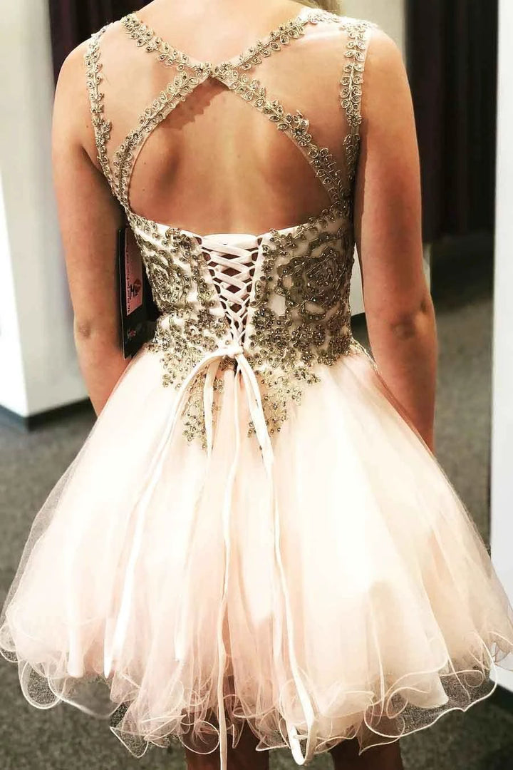 Lace-Up Beaded Cross Back Short Prom Dress Homecoming Dress PD306 by pgmdress