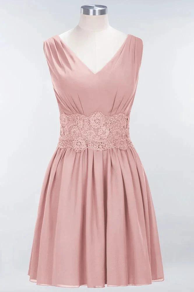 Lace V-Neck Sleeveless Mini Bridesmaid Dresses A-line Chiffon Homecoming Dress by misshow.com