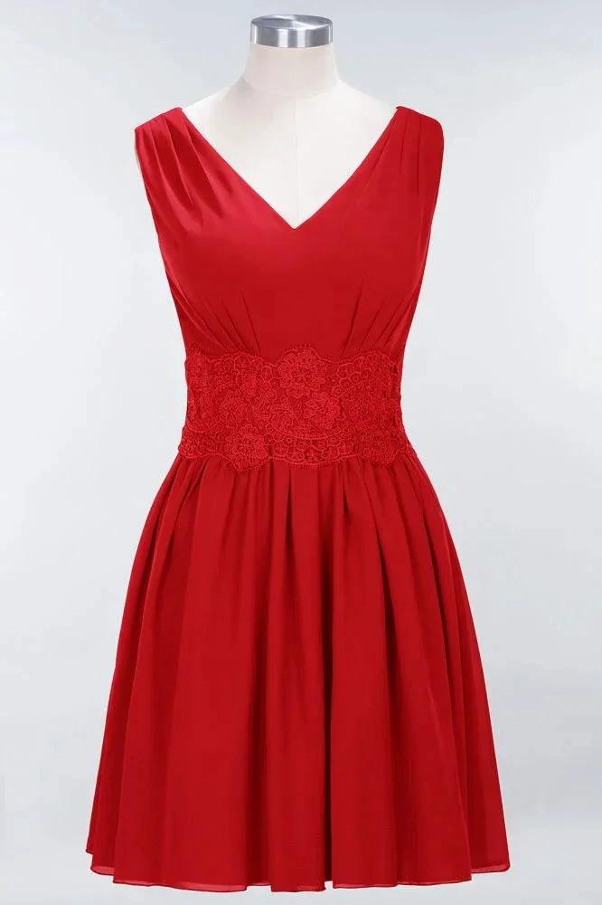 Lace V-Neck Sleeveless Mini Bridesmaid Dresses A-line Chiffon Homecoming Dress by misshow.com