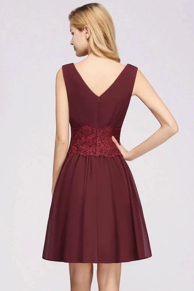 Lace V-Neck Sleeveless Mini Bridesmaid Dresses A-line Chiffon Homecoming Dress by misshow.com