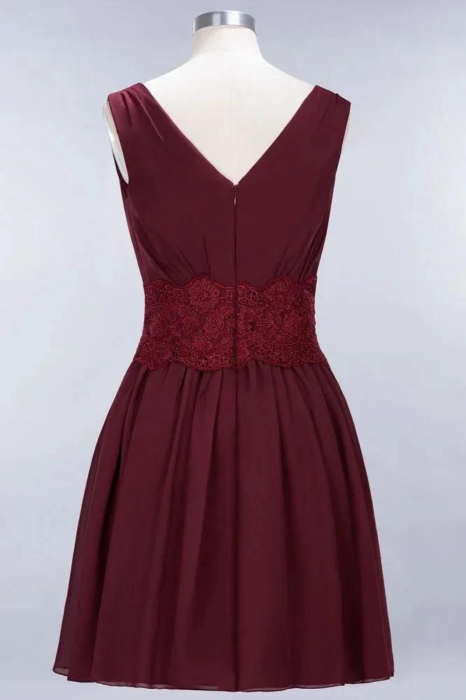 Lace V-Neck Sleeveless Mini Bridesmaid Dresses A-line Chiffon Homecoming Dress by misshow.com