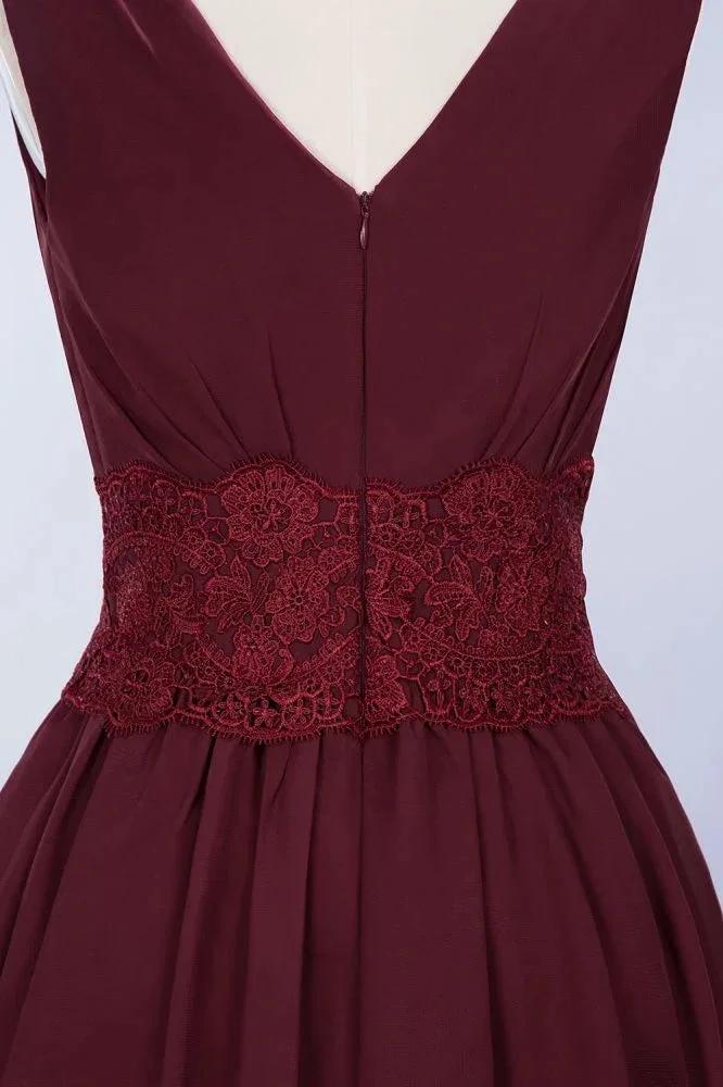 Lace V-Neck Sleeveless Mini Bridesmaid Dresses A-line Chiffon Homecoming Dress by misshow.com
