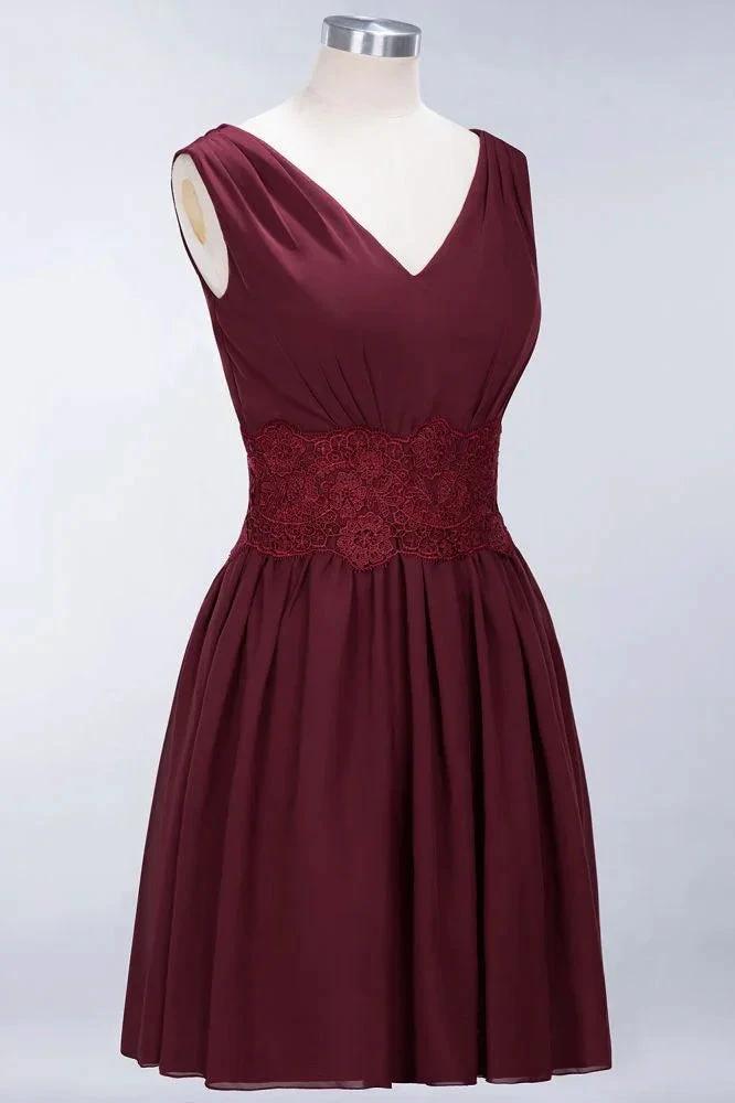 Lace V-Neck Sleeveless Mini Bridesmaid Dresses A-line Chiffon Homecoming Dress by misshow.com