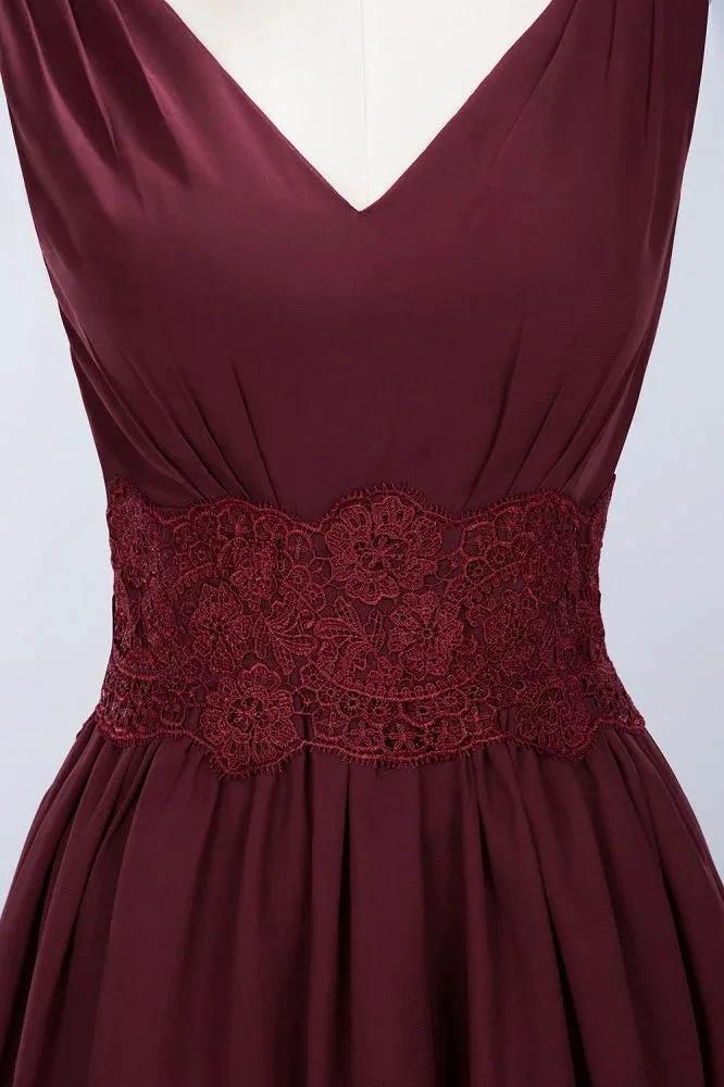 Lace V-Neck Sleeveless Mini Bridesmaid Dresses A-line Chiffon Homecoming Dress by misshow.com