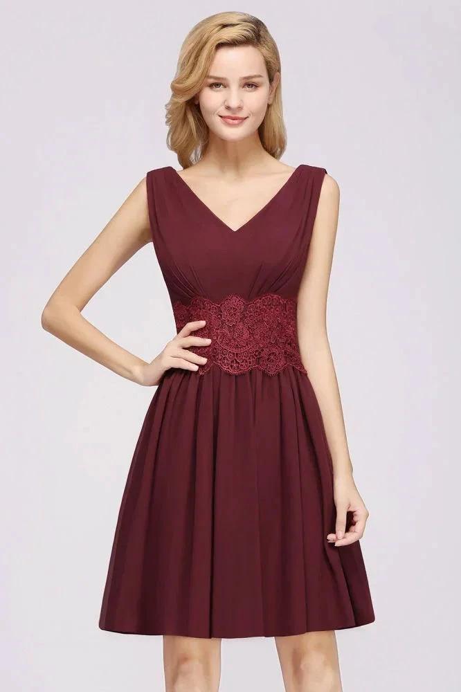 Lace V-Neck Sleeveless Mini Bridesmaid Dresses A-line Chiffon Homecoming Dress by misshow.com
