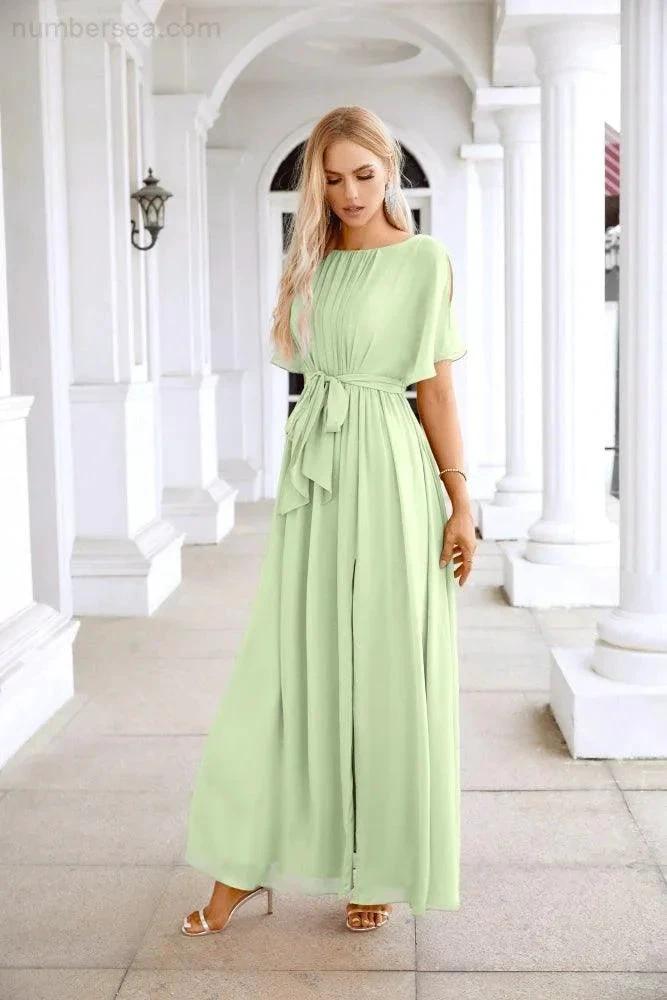 Ladies Chiffon Sleeve Crew Neck Front Slit Floor Length Bridesmaid Evening Dress Wedding Party Evening Dress 28124 by numbersea
