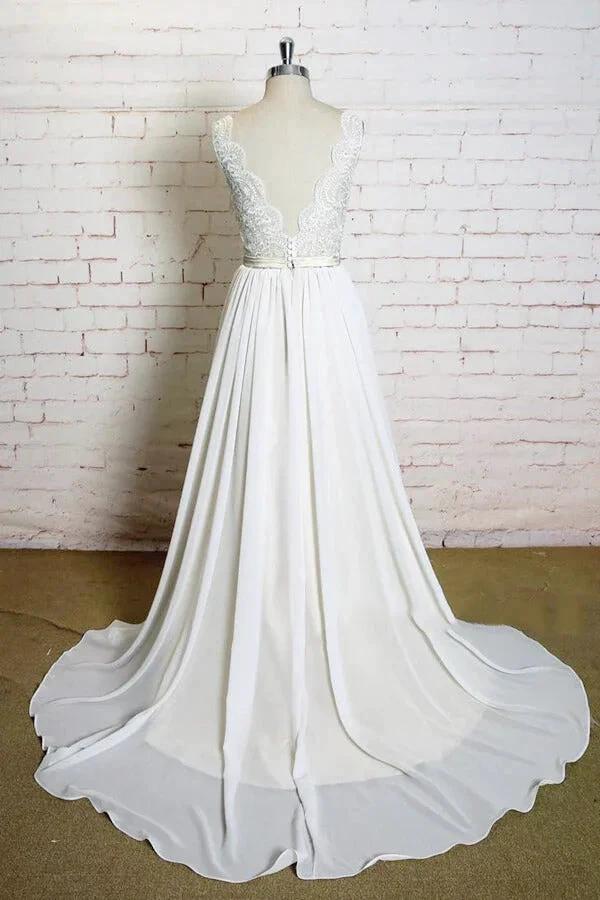 Latest Long A-line V-neck Lace Chiffon Wedding Dress by BIZTUNNEL