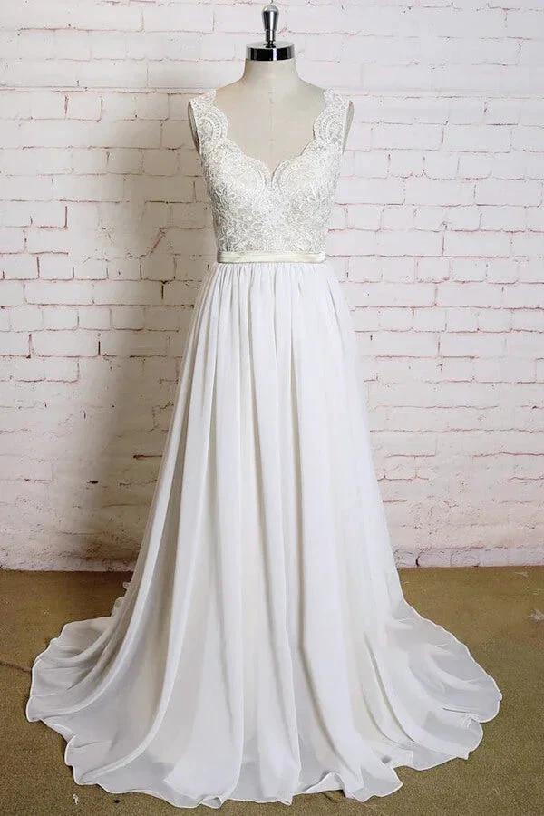 Latest Long A-line V-neck Lace Chiffon Wedding Dress by BIZTUNNEL