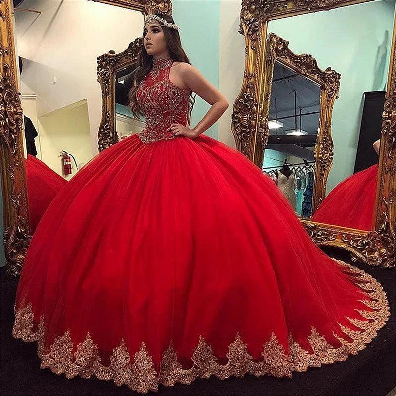 Latest Long Ball Gown High Neck Tulle Red Quinceanera Dress by BIZTUNNEL