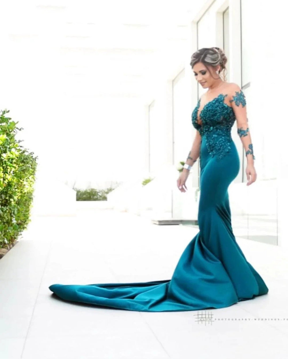 Latest Long Mermaid Jewel Satin Prom Dress with Sleeves by BIZTUNNEL