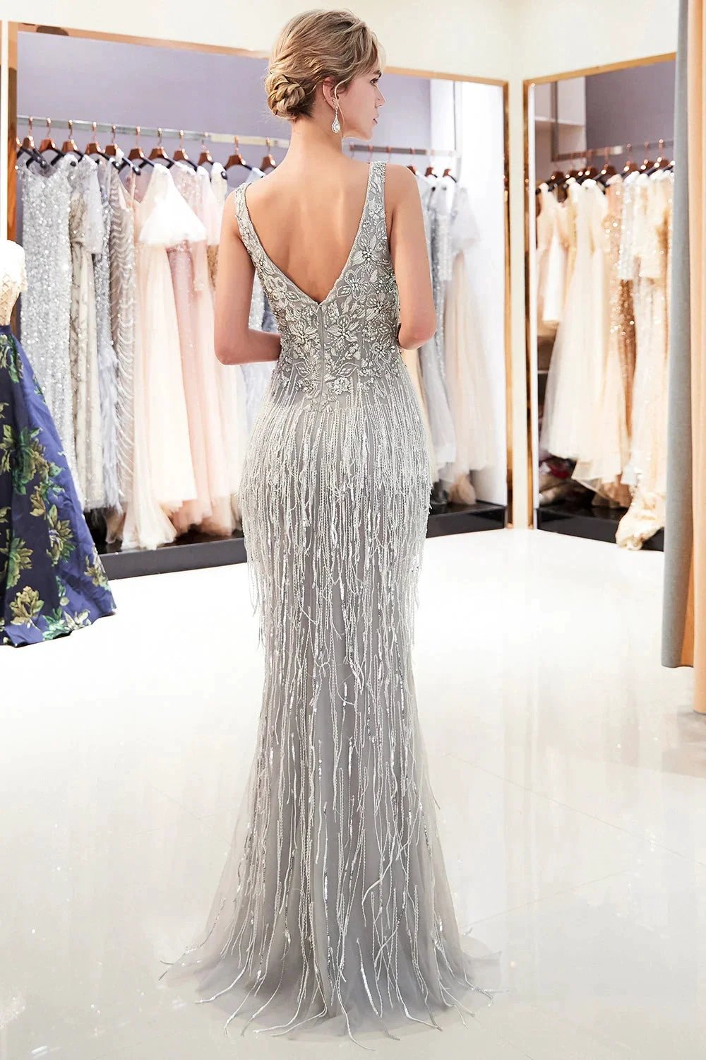 Latest Long Mermaid V neck Beading Fringe Tulle Evening Dress by BIZTUNNEL