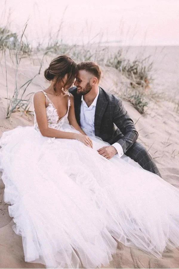 Layered Tulle Skirt Lace V Neck Outdoor Wedding Dresses Bridal Gown WD469 by pgmdress