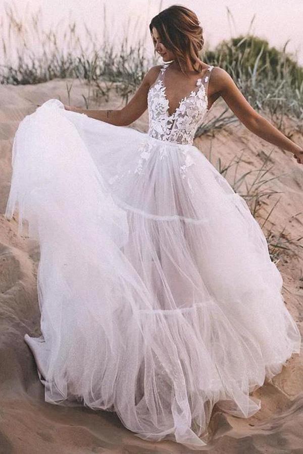 Layered Tulle Skirt Lace V Neck Outdoor Wedding Dresses Bridal Gown WD469 by pgmdress