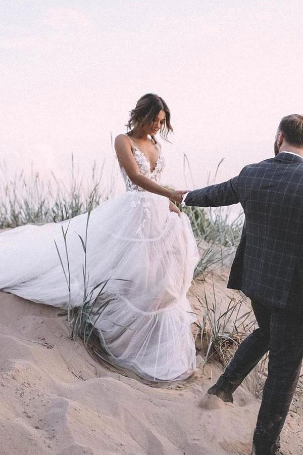 Layered Tulle Skirt Lace V Neck Outdoor Wedding Dresses Bridal Gown WD469 by pgmdress