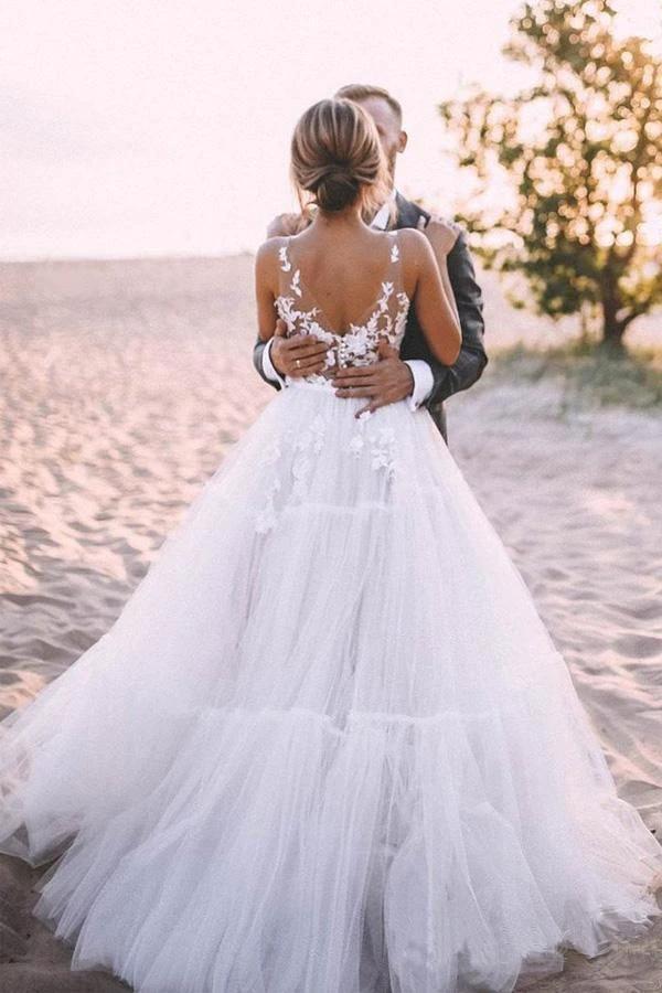 Layered Tulle Skirt Lace V Neck Outdoor Wedding Dresses Bridal Gown WD469 by pgmdress
