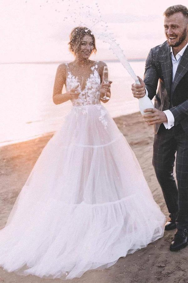 Layered Tulle Skirt Lace V Neck Outdoor Wedding Dresses Bridal Gown WD469 by pgmdress