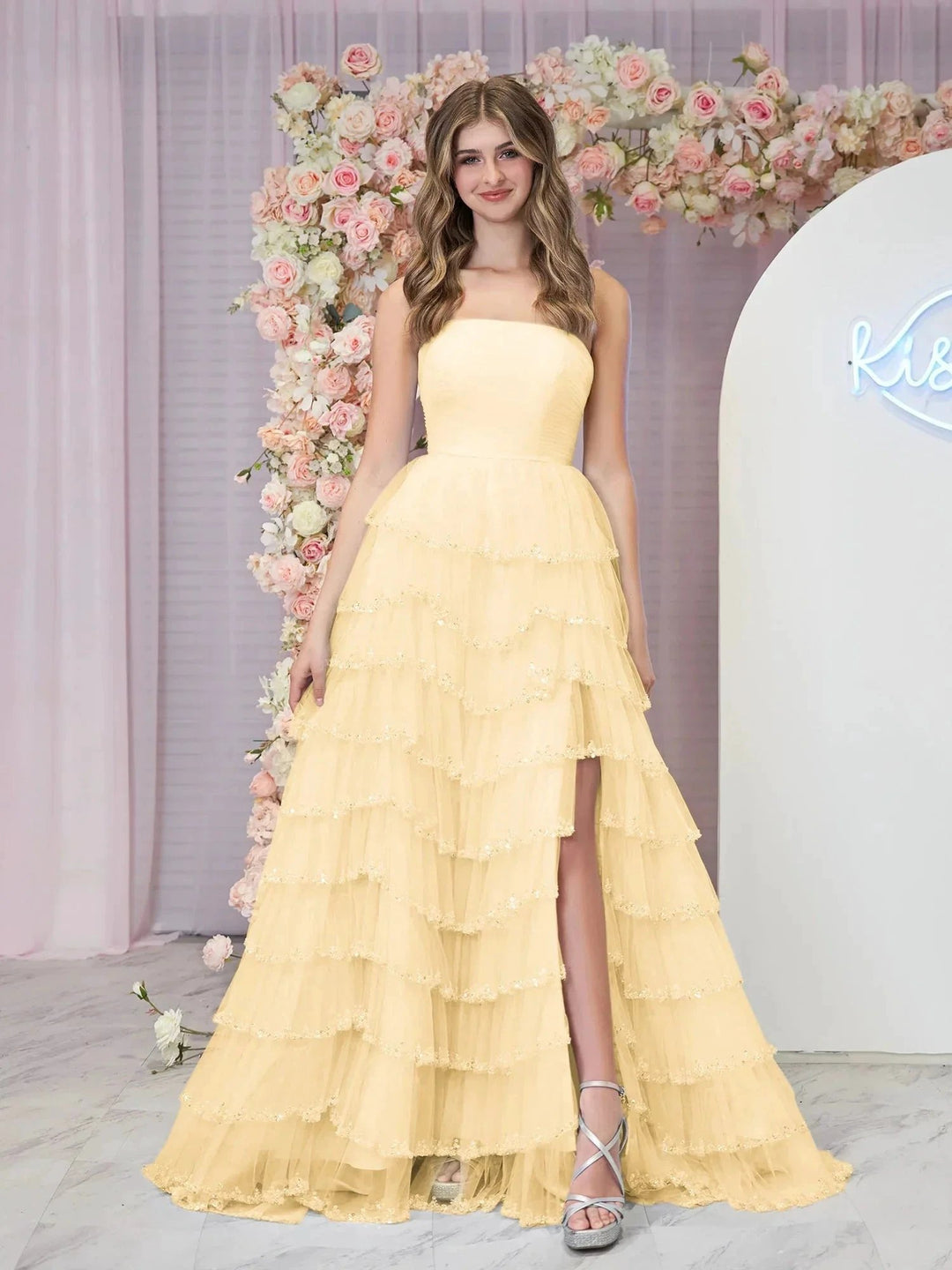 Braelyn | Light Blue Strapless Layered Tulle Prom Dress with Sequins by KissProm