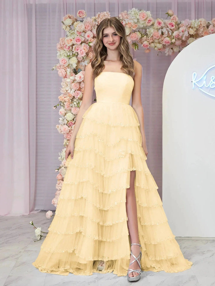 Braelyn | Light Blue Strapless Layered Tulle Prom Dress with Sequins by KissProm