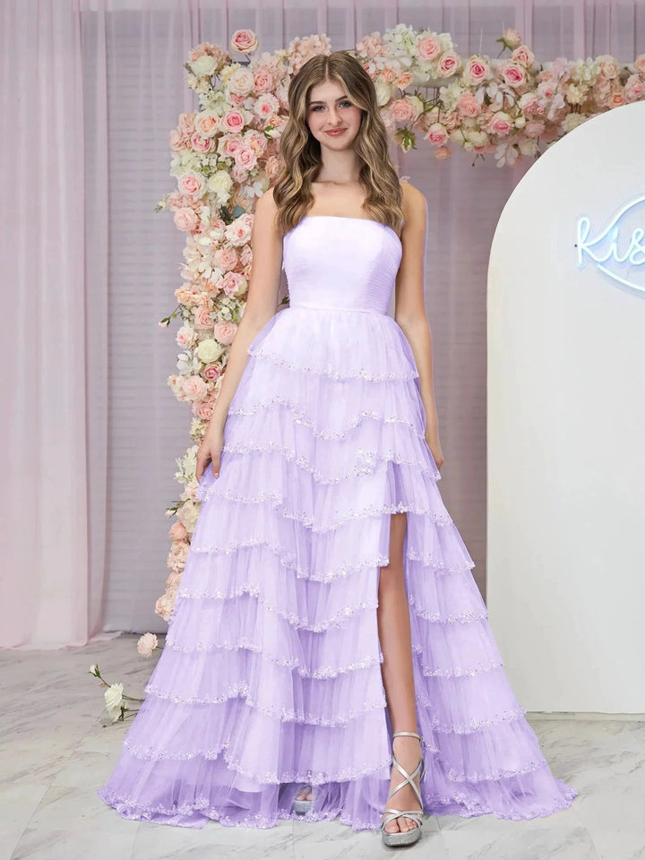 Braelyn | Light Blue Strapless Layered Tulle Prom Dress with Sequins by KissProm