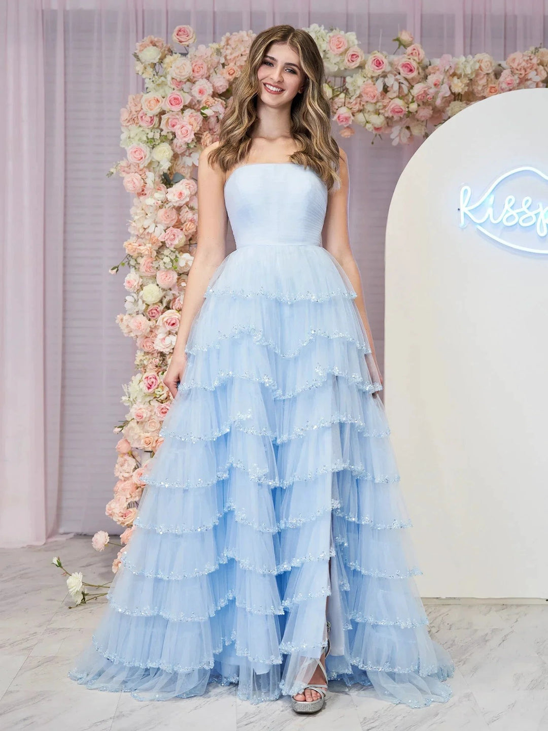 Braelyn | Light Blue Strapless Layered Tulle Prom Dress with Sequins by KissProm
