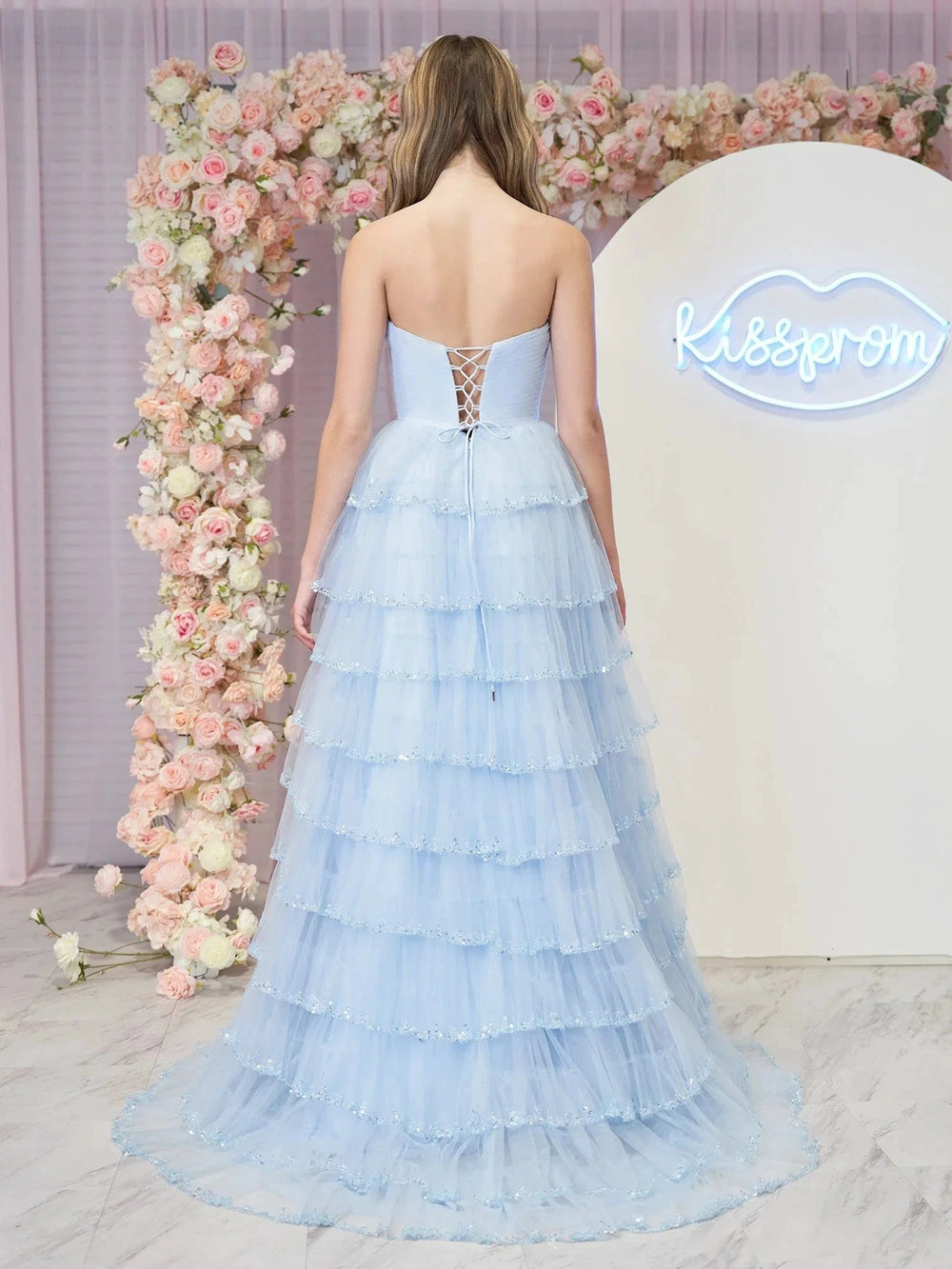Braelyn | Light Blue Strapless Layered Tulle Prom Dress with Sequins by KissProm