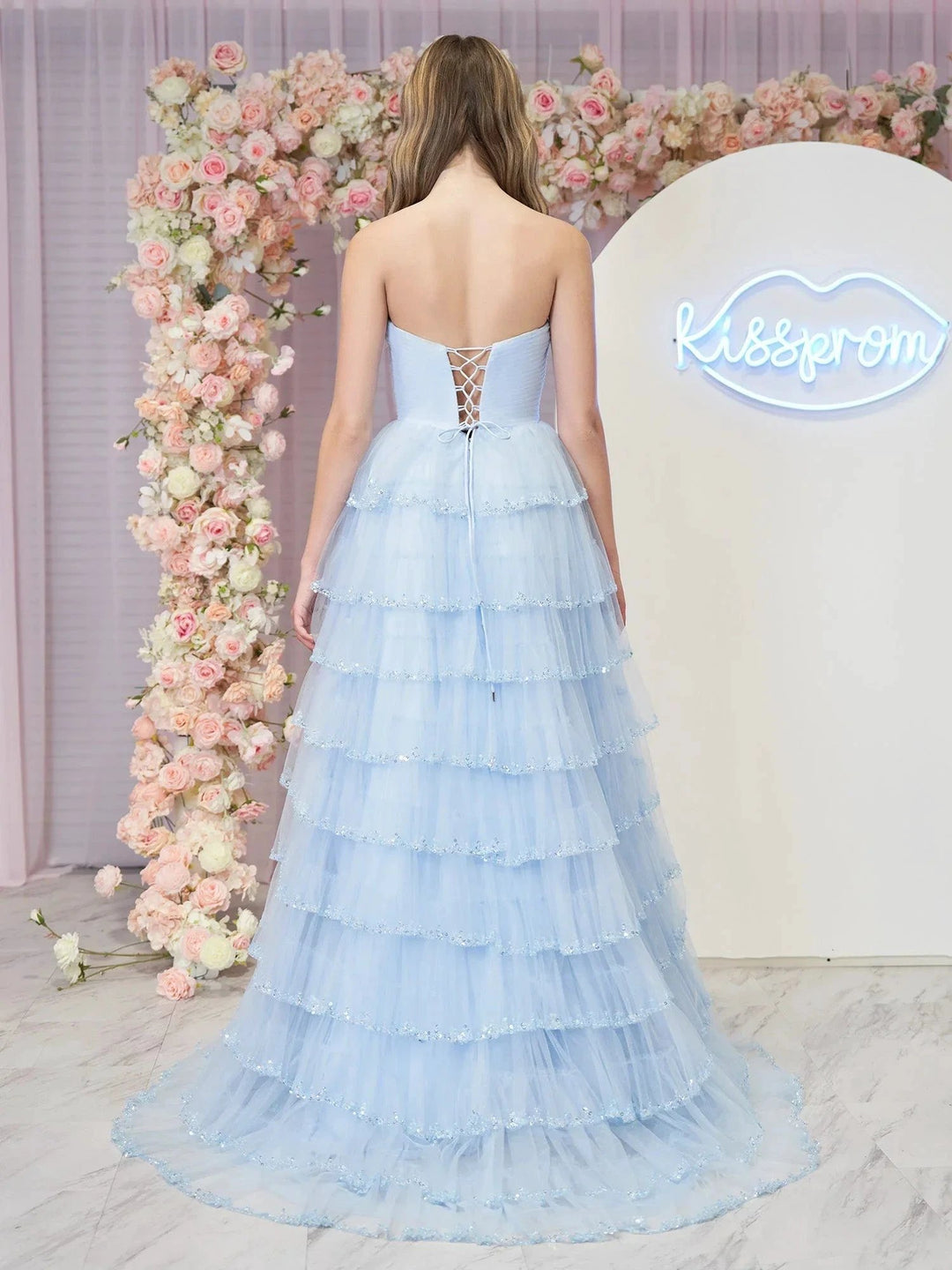 Braelyn | Light Blue Strapless Layered Tulle Prom Dress with Sequins by KissProm