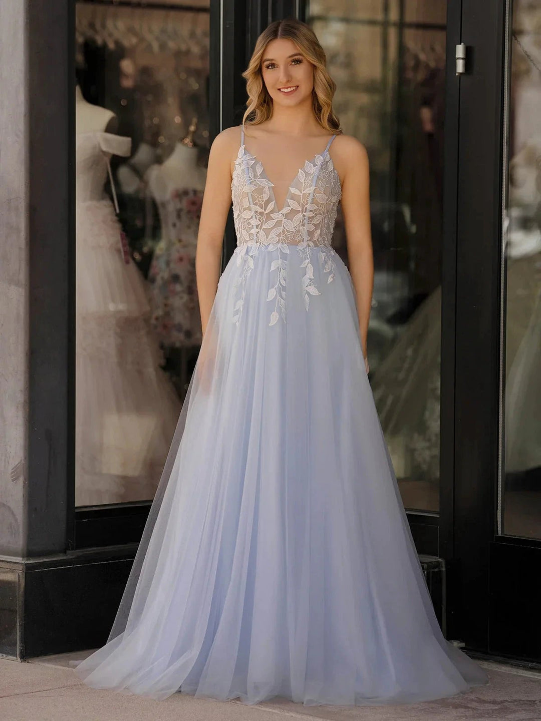 Cynthia | Light Blue V Neck Lace-Up Appliques Tulle Long Prom Dress by KissProm