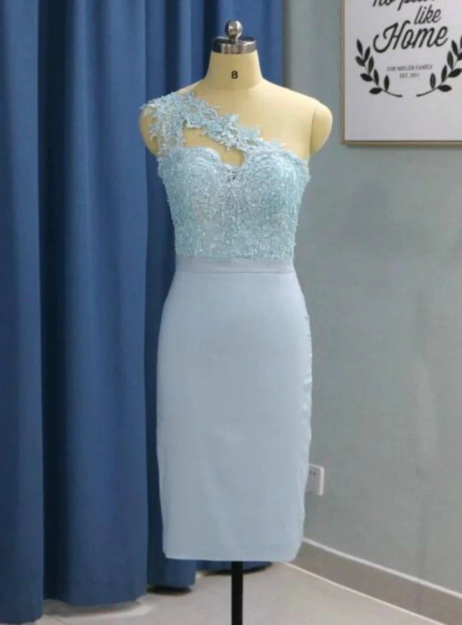 Light Sky Blue Short Knee Length One Shoulder Homecoming Dresses PD276 by pgmdress