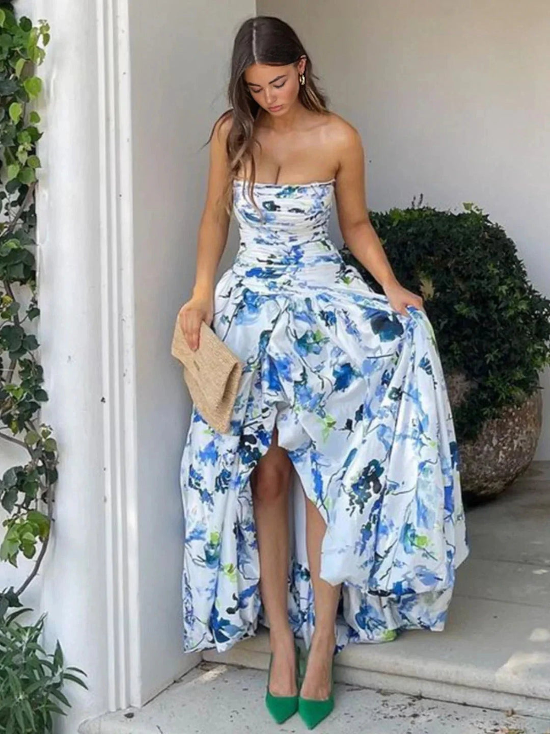 Litte | A-Line Blue Printed Strapless Long Prom Dress by KissProm