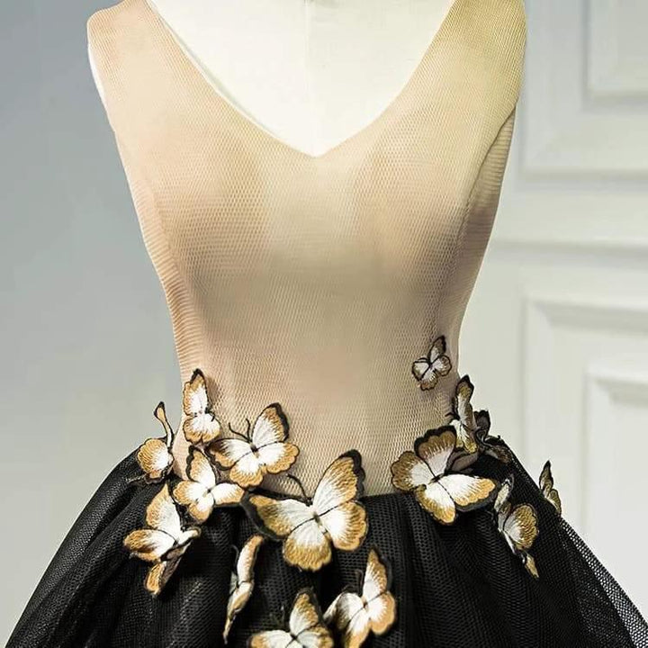 Little Black Homecoming Dress Butterfly V-neck Short Prom Dress PD397 by pgmdress