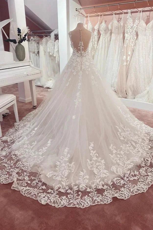 Long A-Line Appliques Lace Sweetheart Tulle Wedding Dress by BIZTUNNEL
