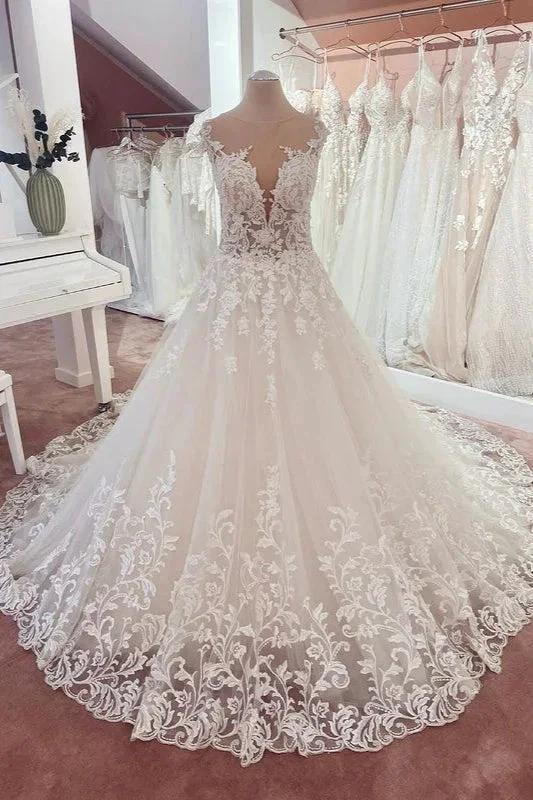 Long A-Line Appliques Lace Sweetheart Tulle Wedding Dress by BIZTUNNEL