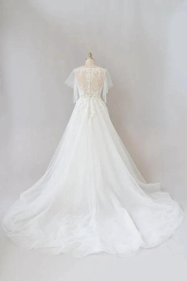 Long A-line Appliques Lace Tulle Wedding Dress with Sleeves by BIZTUNNEL