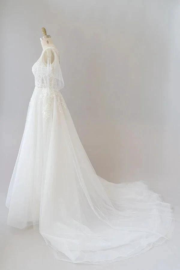 Long A-line Appliques Lace Tulle Wedding Dress with Sleeves by BIZTUNNEL