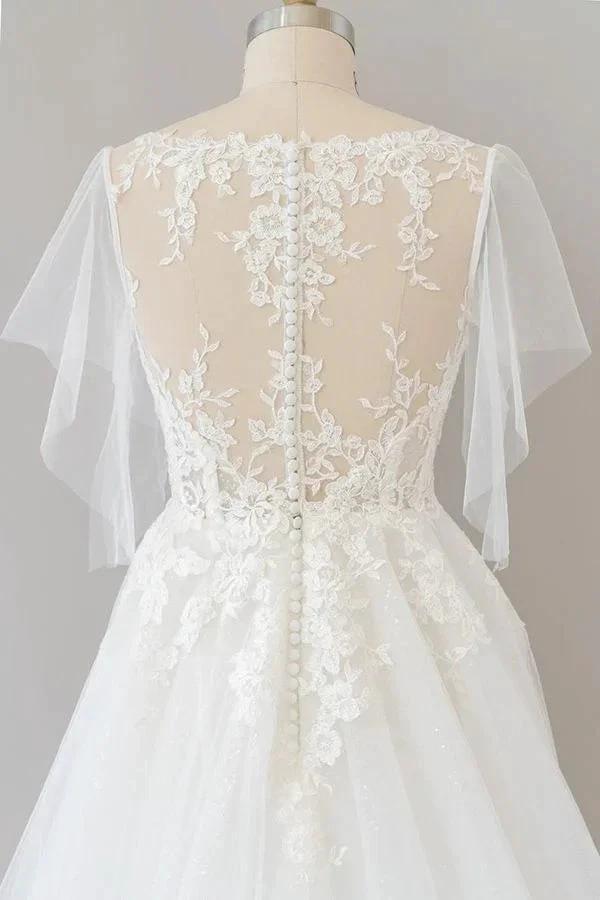 Long A-line Appliques Lace Tulle Wedding Dress with Sleeves by BIZTUNNEL