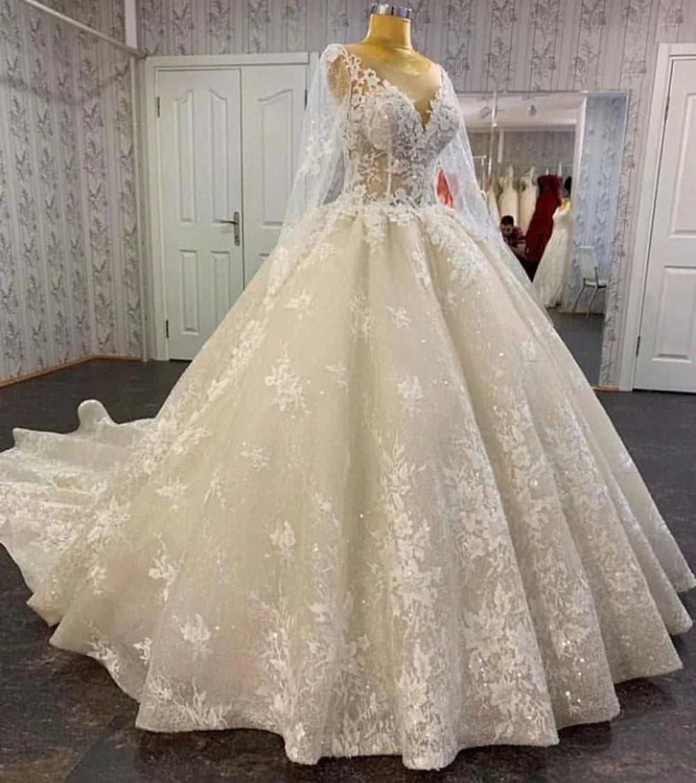 Long A-line Bateau Appliques Lace Sequins Tulle Wedding Dress by BIZTUNNEL